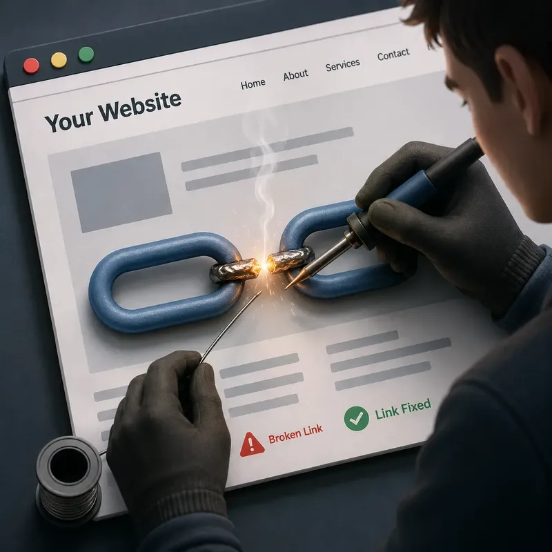 Artistic demonstration of a  man fixing a broken link on a website