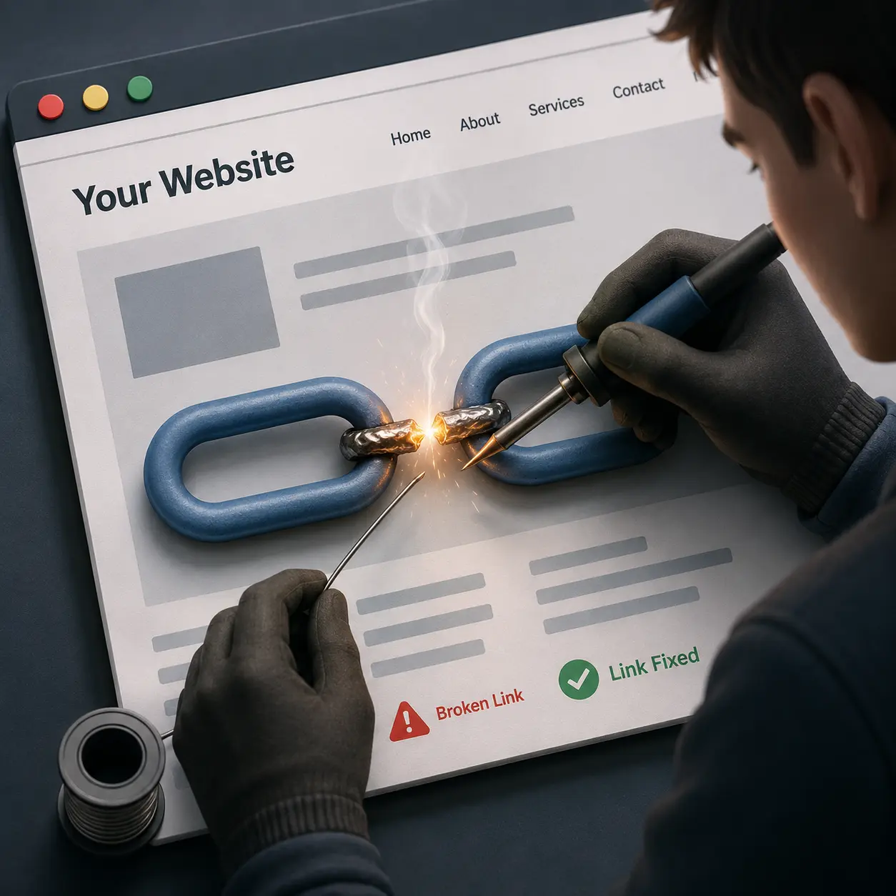 Artistic demonstration of a  man fixing a broken link on a website